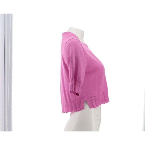 NWT ISAAC MIZRAHI SCALLOP TRIM OPEN FRONT CARDIGAN SWEATER AFRICAN ORCHID XXS - Picture 6 of 11